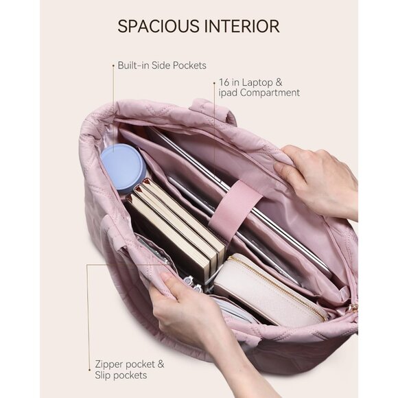 Prite Women Pink Polyester Compartment Quilted Puffer Shoulder Tote Work Bag - Picture 3 of 7